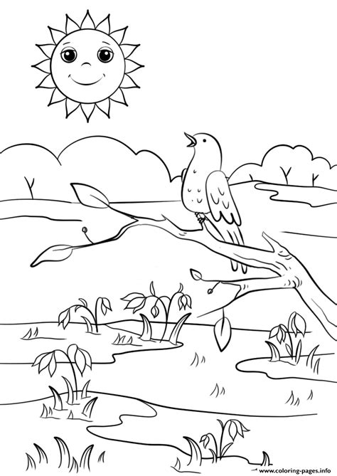 spring scene coloring page printable