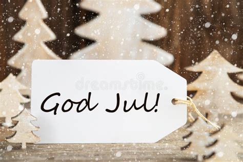 christmas tree label god jul means merry christmas snowflakes stock image image  white