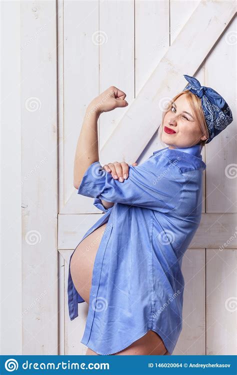Adult Beautiful Happy Pregnant Woman Pin Up Style Stock