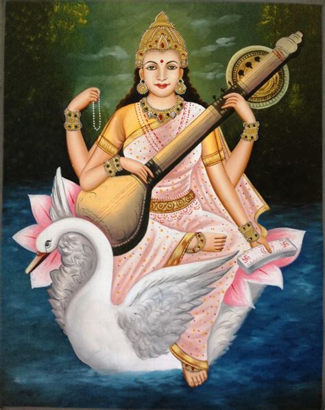 hindu goddess saraswati painting handmade indian religious oil  canvas artwork