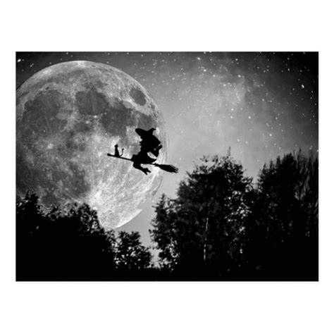 A Witches Broom Ride Postcard Halloween Full Moon Real