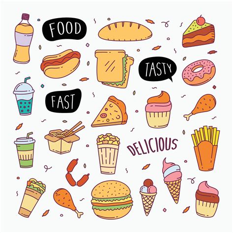 fast food doodles hand drawn  art style object elements