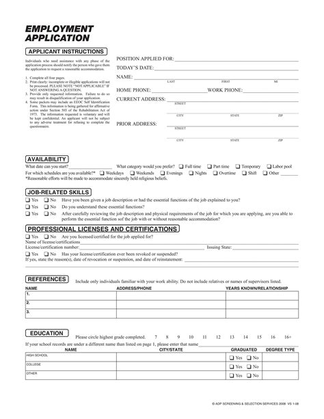printable application  employment template