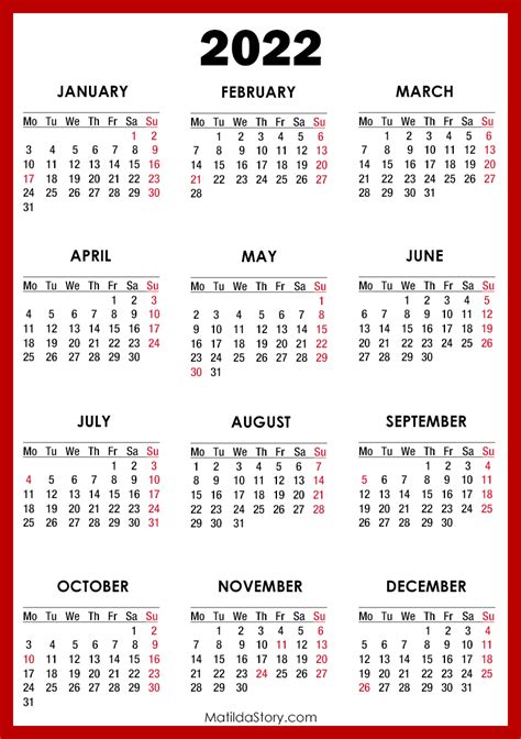 calendar  holidays printable  red monday start
