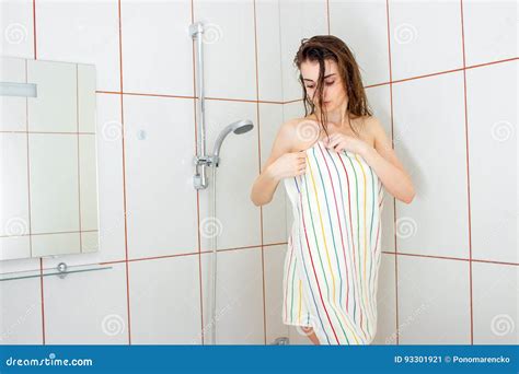 Wet Woman Wraps In A Towel After A Shower Stock Image Image Of Luxury