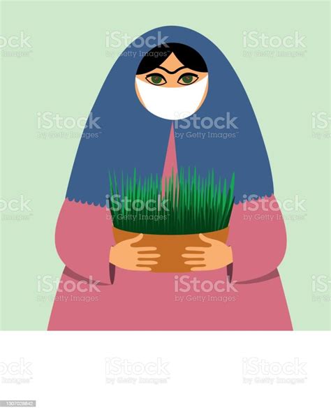 Vetores De Garota Persa De Máscara E Hijab Segurando Grama Símbolo Do