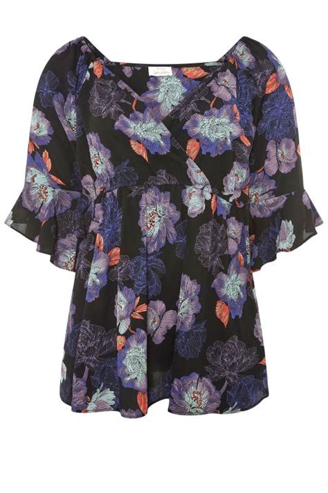 Plus Size Yours London Black Floral Print Wrap Top Yours Clothing