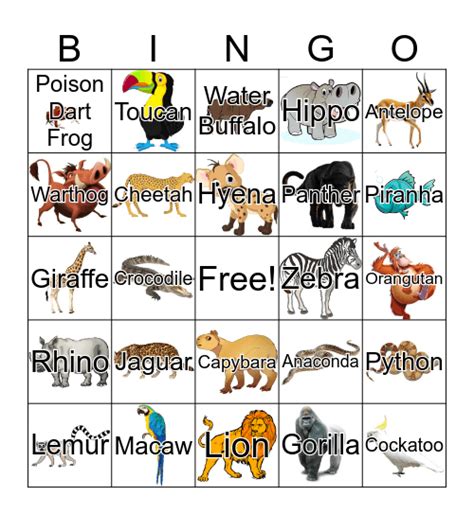 jungle animal bingo card