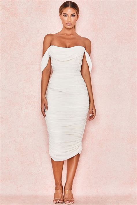 off shoulder ruched bodycon cocktail party dress white rosedress