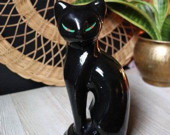 vintage ceramic black cat statue halloween cat green eyes mid