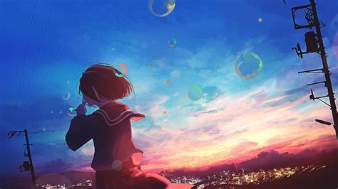 anime scenery girl sunset bubbles   wallpaper