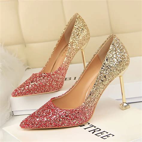 rose gold glitter high heels  women affordable shimmering golden pumps