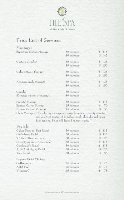 price list  services  spa   hotel galvez