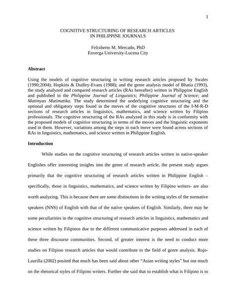 cognitive structuring  research articles  philippine journals