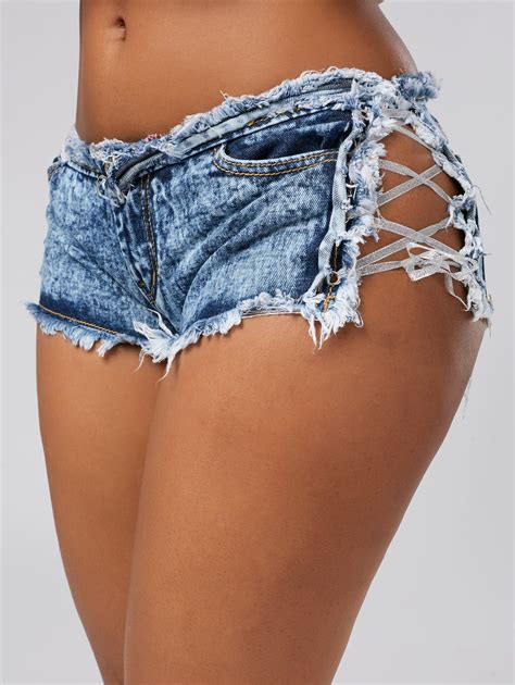 2018 Tight Lace Up Denim Frayed Shorts In Denim Blue M