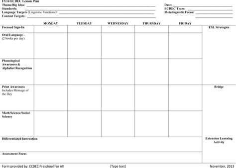 printable preschool lesson plan template   formtemplate