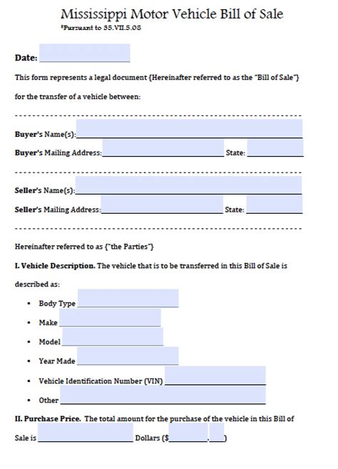 free mississippi motor vehicle bill of sale form pdf