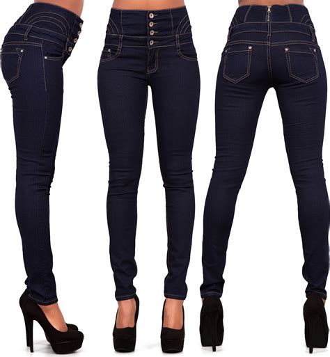 womens ladies sexy high waist skinny ripped jeans blue stretch denim