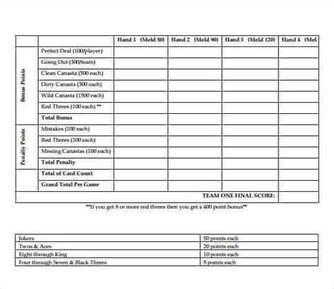 canasta score sheets word excel templates