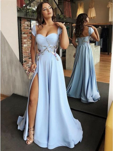 Custom Made Sweetheart Neck Light Blue Prom Dress With Cap Sleeves Cap