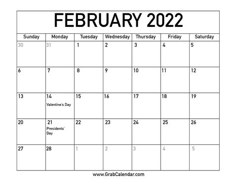 printable february  calendar