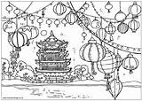 Chinois Imlek Mewarnai Coloriage Colorir Chine Klenteng Temple Chinesa Nouvel Paisagem Pagoda Ibadah Coloriages Tahun Vietnamese Desenhos Asie Natur Dragon sketch template