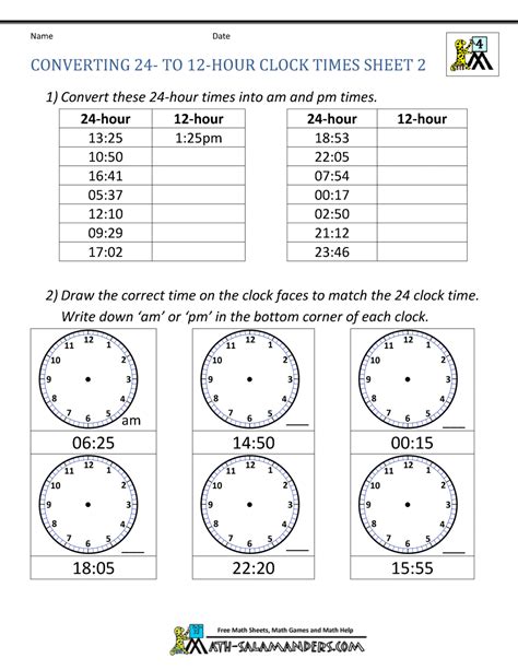 hour clock converter printable  hour clock write  time