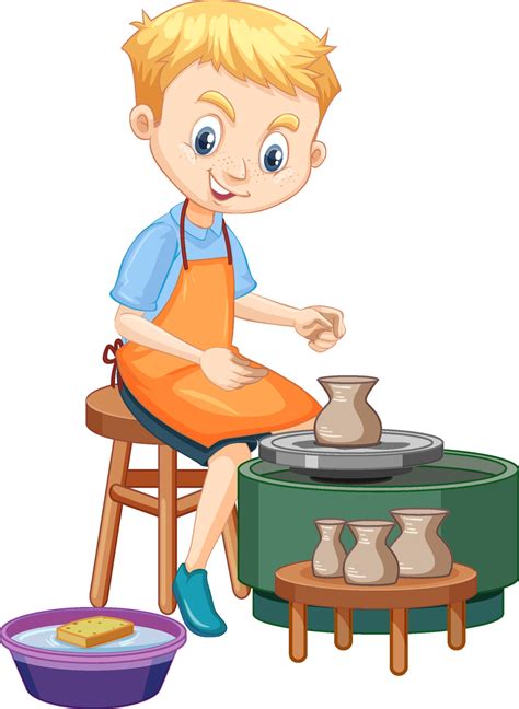 cartoon character boy making pottery clay  white background