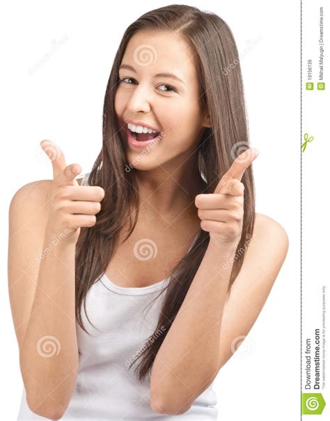 happy casual girl showing thumbs up and pointing royalty free stock images image 19156139