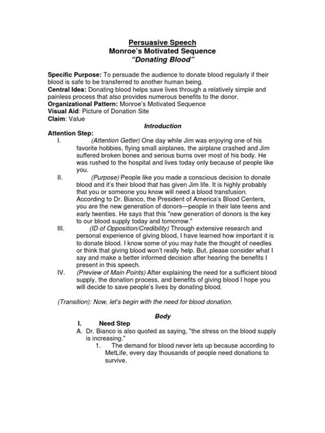 sample persuasive speech outline monroes motivated sequence blood