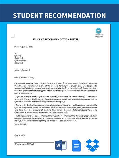 kostenloses recommendation letter  student