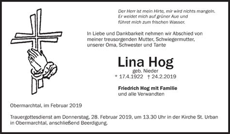 Traueranzeigen Von Lina Hog Schwaebische De Trauerportal