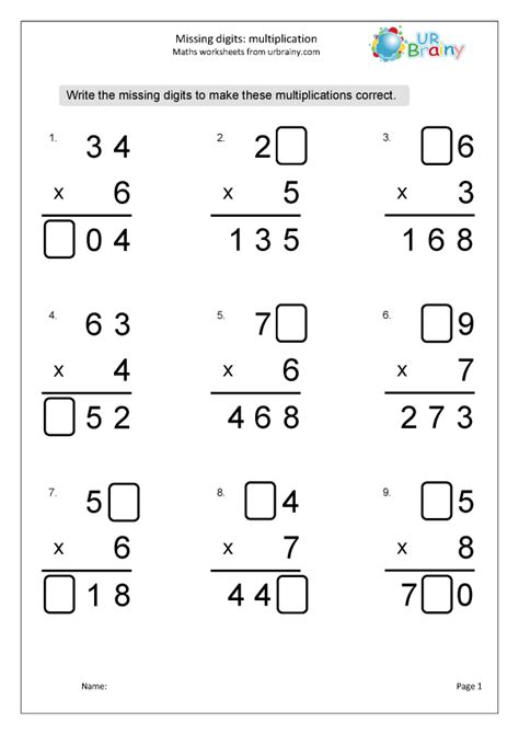 multiplication missing digits    multiplication  urbrainycom
