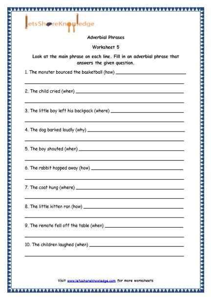 grade  english resources printable worksheets topic adverbial phrases