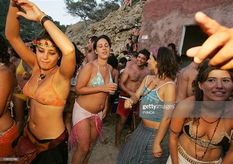 Hippy Girls Dancing Sunset Beach Party Benirras Beach Ibiza July