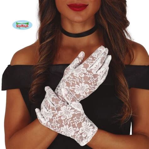 ladies 1980s fancy dress short lace gloves white womens lacey 80s