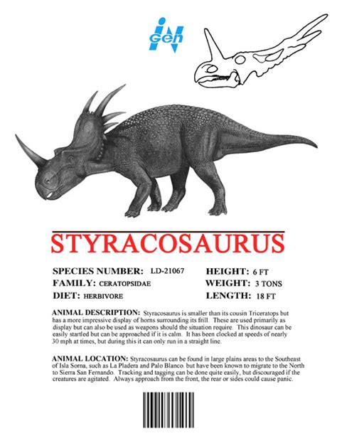 image ingen dinosaur info sheets styracosaurusjpg jurassic park