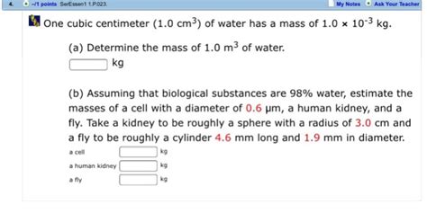 solved  cubic centimeter  cm  water   mass cheggcom