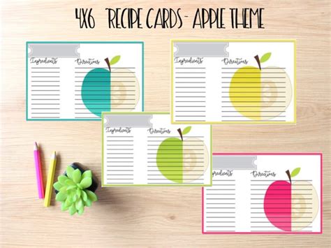 printable recipe cards  instant  apple theme etsy