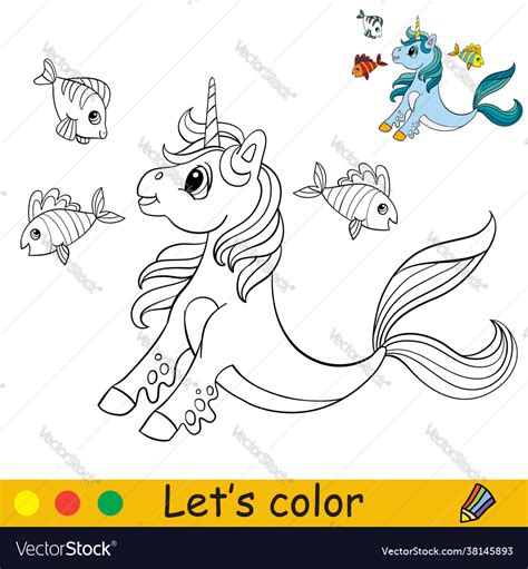 cartoon cute sea unicorn  fishes coloring vector image