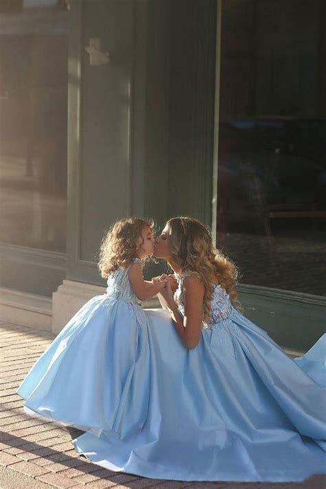 mother daughter princess stain  flower  neck long prom evening gown  visit  image