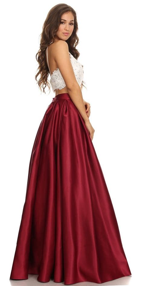 two piece long prom dress lace crop top and satin skirt burgundy discountdressshop