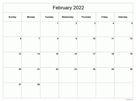 printable february  calendar classic blank sheet