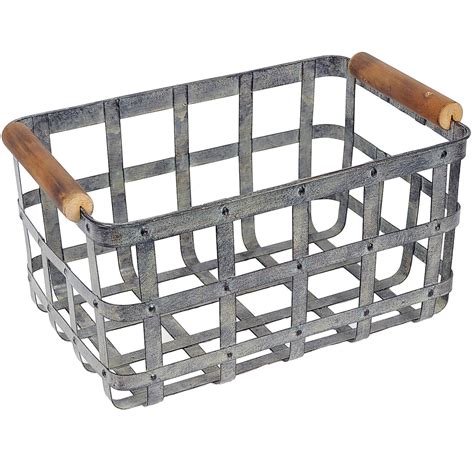 metal basket  wood handles  home
