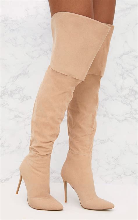 nude faux suede thigh high heeled boots prettylittlething