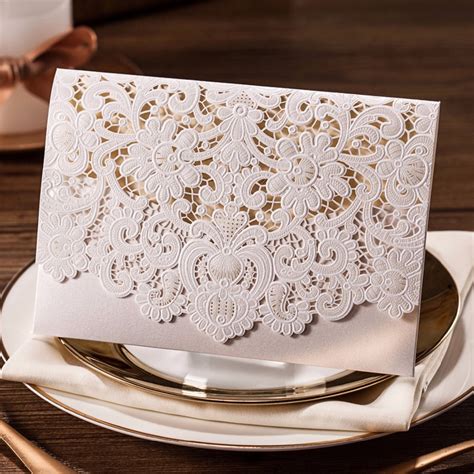 pcs horizontal laser cut wedding invitations cards white gold red embossed flower paper