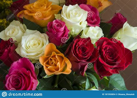 Lovely Big Colorful Bouquet With Many Flowers Roses Of Red Vinous