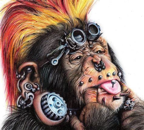 monkey original drawing art  colored pencils punk style etsy