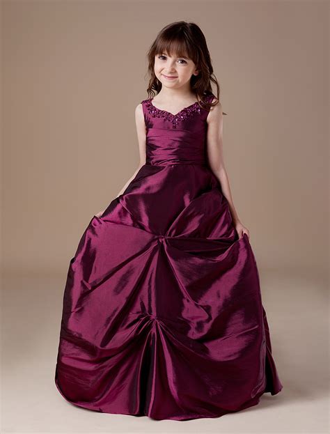 flower girl dress taffeta ball gown burgundy ruched beading kids