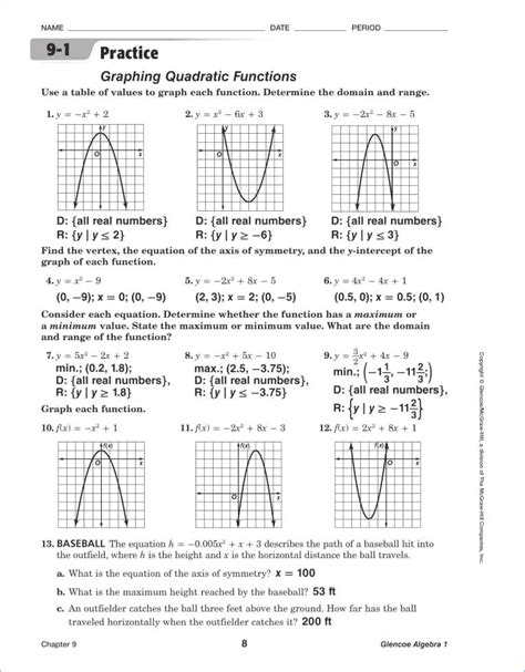 practice solving quadratic equations  graphing answer key